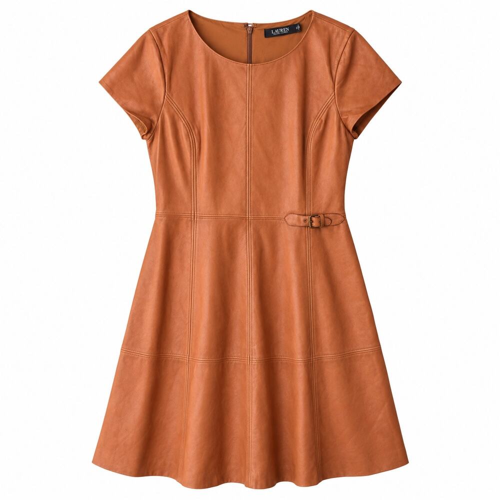 Lauren Ralph Lauren Lamb Leather Fit & Flare Dress, Cognac, Buckle Tab, Size 18